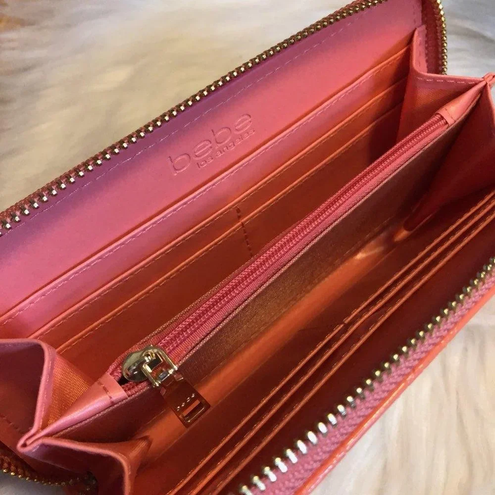 Bebe Patent Popped Monogram Coral Wallet